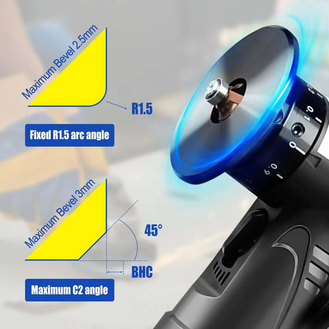 Pneumatic chamfering tool, angled front view; black body with blue ring light, Amazon brand.