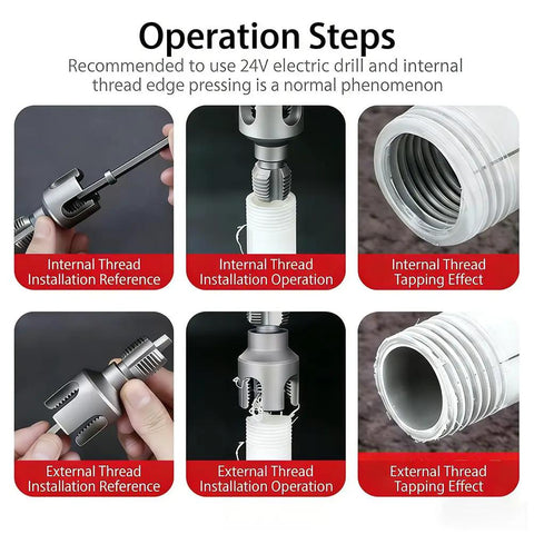 Operation steps of Two In One Pipe Threading Kit For PVC Water Pipes With Internal And External Threading, drill ready
