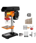 Heavy Duty 12 Speed Benchtop Drill Press Stand With Robust 750W Motor Variable Speed Control for metal, wood, and plastic drilling.