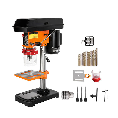 Heavy Duty 12 Speed Benchtop Drill Press Stand With Robust 750W Motor Variable Speed Control for metal, wood, and plastic drilling.