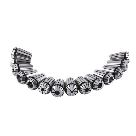 Heavy Duty 14 Pc Er20 Spring Collet Set For Cnc Engraving Machine And Milling Lathe Workholding From One Inch To Two Inch High Accuracy Steel arranged in a row.