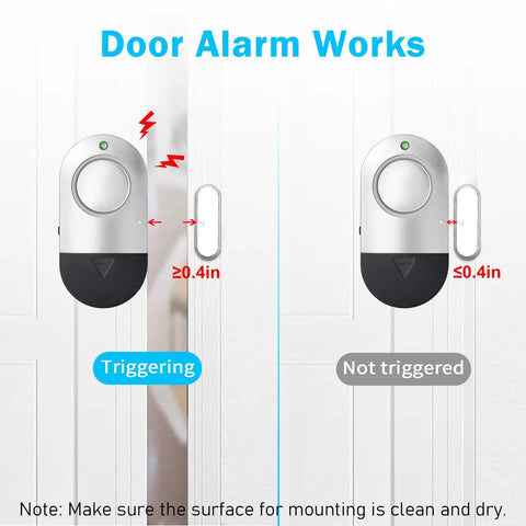 Diagram showing Ultra Loud No Brainer 120dB Window And Door Alarm For Home Security, with triggering distance details.