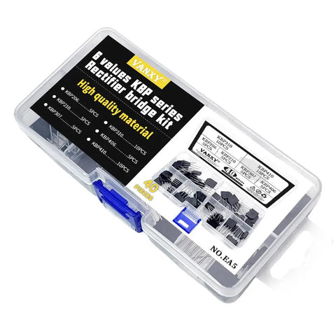 Six Types Rectifier Bridge Kit With Forty Pieces Includes KBP206 KBP210 KBP307 KBP310 KBP406 KBP410 4 Pin Rectifier Bridges For AC DC Power Supplies Motor Drives And DIY Electronics In A Neatly Labeled Case, plastic case