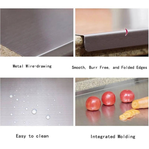 Close-up of Stainless Steel Kitchen Cutting Board Big Size 50 By 40 Cm with smooth edges and water droplets showing easy cleaning.