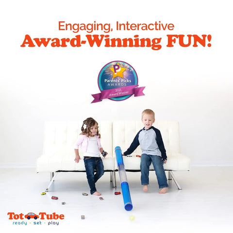 Two kids play with Kid Approved Tunnel Race Track Playset For Kids That Fits Most Toy Cars And Small Balls, award-winning fun