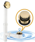 Straight Up Premium Bathtub Drain Kit With Golden Overflow Tube Assembly Touch Toe Stopper, white plastic tubing and gold piece.