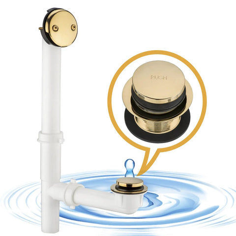 Straight Up Premium Bathtub Drain Kit With Golden Overflow Tube Assembly Touch Toe Stopper, white plastic tubing and gold piece.
