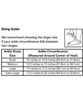 Ankle brace sizing guide showing measurements for small to extra large, including illustration of ankle circumference measurement method.