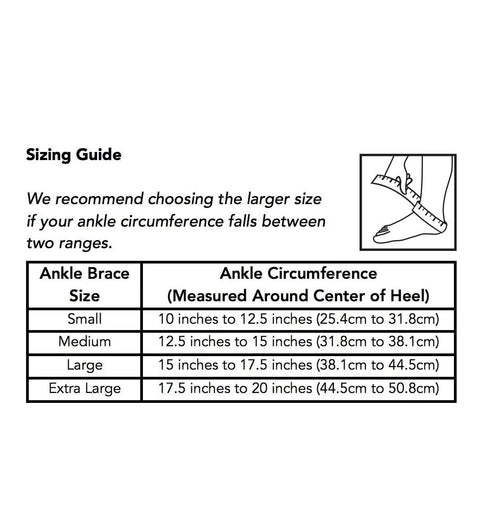 Ankle brace sizing guide showing measurements for small to extra large, including illustration of ankle circumference measurement method.