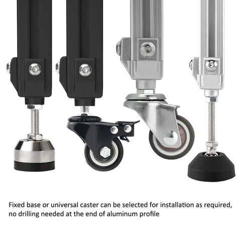 Four Pack 2020 Aluminum Extrusion T Slot Foot Connectors With M6 Bolts And Nuts, swivel caster base shown.
