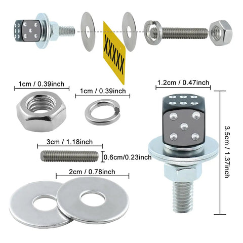 Dope Motorcycle License Plate Screws Four Piece Set Featuring Dice Bolt Decoration For Cars Bikes with black and silver alloy fasteners.
