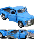 Retro Pickup Truck Model Toy In Metal Sky Blue, Classic Stepside Desk Decor For Home And Office with open doors and grill detail.