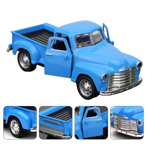 Retro Pickup Truck Model Toy In Metal Sky Blue, Classic Stepside Desk Decor For Home And Office with open doors and grill detail.