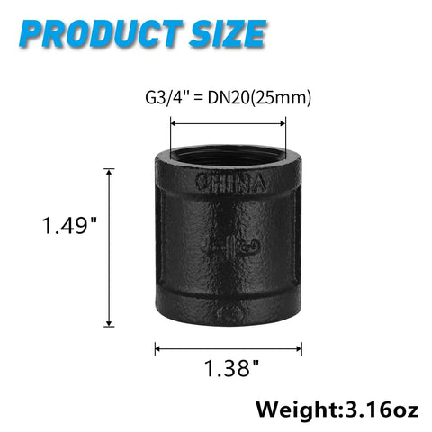 Heavy Duty Black Cast Iron Female Threaded Three Quarter Inch Pipe Couplings 10 Pack For DIY Shelving Decor And Furniture Projects Steam Punk Style For Home Projects, single coupling with size dimensions.