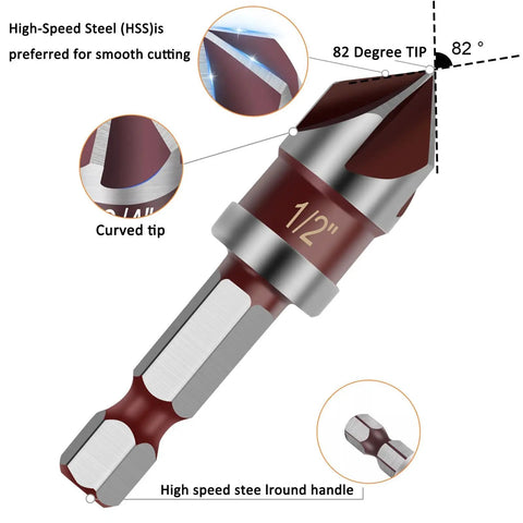 Five Piece Countersink Drill Bit Set With 82 Degree Countersink Pro Grade HSS High Speed Steel Five Flute Design Quick Change One Quarter Inch Hex Shank Sizes From One Quarter To Three Quarter Inch For Plastic Wood Metal Carbon Steel Machining close-up view