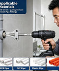 Professional Grade Heavy Duty Broken Pipe Extractor Tool Rips Out Stuck Rusted Threaded Fittings Quick No Sweat Saves Time On Faucet And Angle Valve Jobs Half To Full Inch Compatible, shown removing PVC pipe fittings.