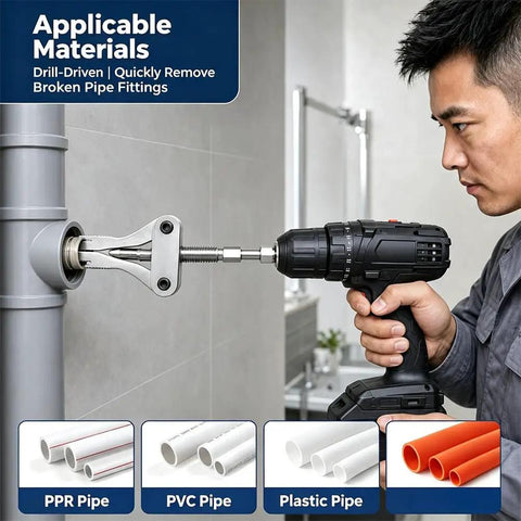 Professional Grade Heavy Duty Broken Pipe Extractor Tool Rips Out Stuck Rusted Threaded Fittings Quick No Sweat Saves Time On Faucet And Angle Valve Jobs Half To Full Inch Compatible, shown removing PVC pipe fittings.