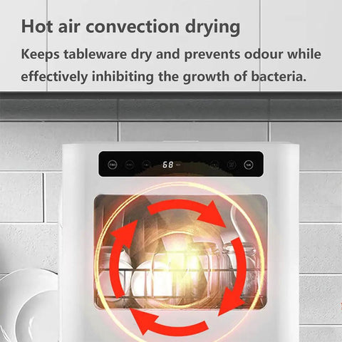 Compact Countertop Dishwasher With Fruit Wash Feature And Rapid Dry Cycle Slick Touch Panel For Apartments Dorms And Small Rooms Straight Up Hassle Free Cleanup showing hot air convection drying feature.
