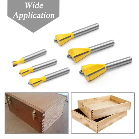 Shop Tested Six Piece Dovetail Router Bit Set Featuring One Quarter Inch Shank And Cutting Widths Spanning A Quarter To Seven Eighths Inches crafted from tungsten carbide for creating precise joints.