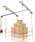 Beefy Ceiling Mounted Garage Storage Pulley Lift System, 300 lb capacity shown lifting boxes with adjustable height overhead rack