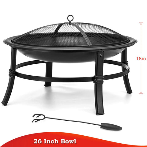 26 Inch Outdoor Wood Burning Fire Pit Heavy Duty Steel Bonfire Bowl with Spark Screen and Poker