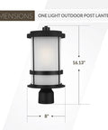 Dimensions of Wilburn 1 Light Outdoor Post Lantern in Black for Patio and Garden Decor, 16.13 inches tall, 8 inches wide.