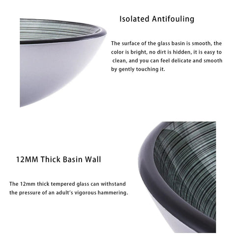 USZWBY Tempered Glass Bathroom Vessel Sink, Round Shape Spiral Pattern Spiral Artistic Vessel Bowl Sink showing smooth surface and thick basin wall.