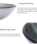 Close-up of Tempered Glass Bathroom Vessel Sink, Round Shape Spiral Pattern, highlighting smooth surface and 12MM thick basin wall.