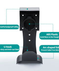 EV Charger Wall Mount Holder For SAE J1772 Cord Organizer showing rainproof design, heavy-duty steel, and ABS plastic construction.