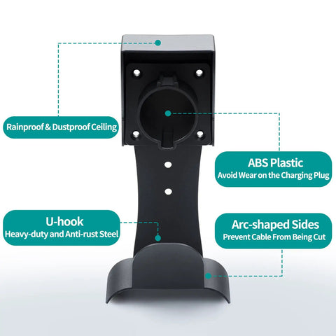 EV Charger Wall Mount Holder For SAE J1772 Cord Organizer showing rainproof design, heavy-duty steel, and ABS plastic construction.