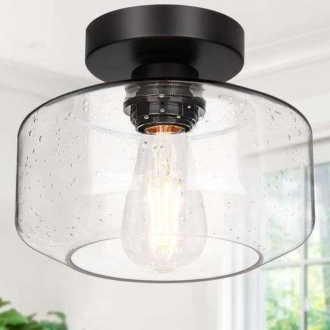 Industrial Semi Flush Mount Ceiling Light With Seeded Glass Shade, 800 Lumen LED Bulb Included, Farmhouse Ceiling Fixture