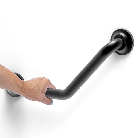 16 Inch Angled Shower Grab Bar ADA Compliant With 500 Lb Load Capacity Glacier Collection brushed nickel finish in use