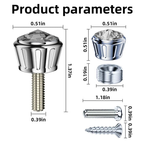 Sparkly Rhinestone License Plate Screw Caps 4 Pack Premium Alloy Bolt Covers White Crystal Auto Fasteners showing sizes and details.