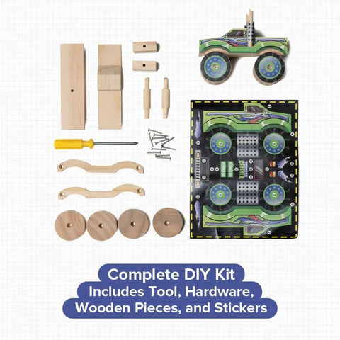 Monster Truck DIY Wood Kit For Kids 4-7 With Screws, Screwdriver, And Sticker Sheet, Kid-Friendly STEM Craft Kit For Home And School, Learn Basic Woodworking While Building A Cool Monster Truck parts laid out with wheels, wood pieces, and tool