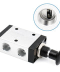 3 Way 2 Position Pneumatic Hand Valve With Handy Manual Control, One Quarter Inch PT Port, Normally Closed, Compact 90mm Long, 3 Port Valve