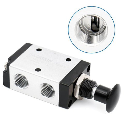 3 Way 2 Position Pneumatic Hand Valve With Handy Manual Control, One Quarter Inch PT Port, Normally Closed, Compact 90mm Long, 3 Port Valve