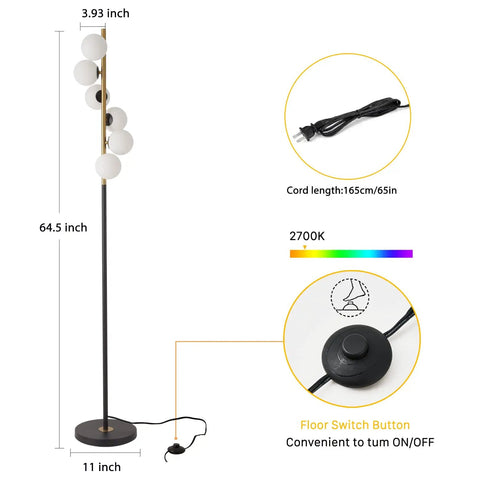 Diagram of Six Globe Floor Lamp With Glass Shade Tall LED Pole Light In Black And Gold Finish Mid Century Modern Style
