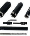 Steel Dragon Tools dry-diamond core drill bit kit: three black sleeves with hex SDS adapters and rods, 1.5–2.5 in