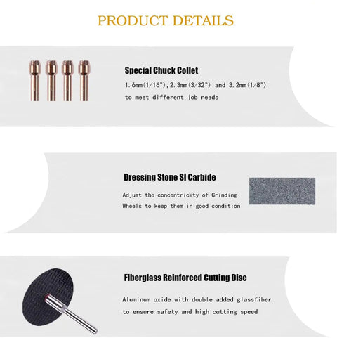 545 Piece Rotary Tool Accessories Kit With One Eighth Inch Shank Compatibility For Dremel And Flex Shaft Grinders, including chuck collet, carbide, and cutting disc details