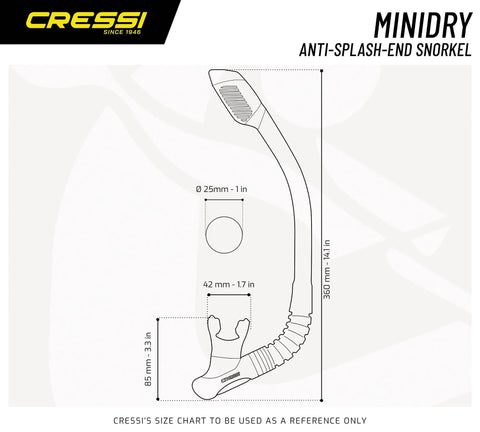 Diagram of Mini Dry Snorkel With Auto Closing Anti Splash Valve And Dry Top For No Mess Water Ingress, dimensions and features shown.