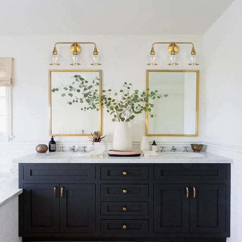 Gold Three Light Vanity Light Over Mirror With Clear Glass Shades, 22.4 Inch Wall Sconce Bath Fixture, Dope Mid Century Vibe