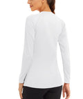 Back view of Women's Long Sleeve Rash Guard Shirt With UV 50 Plus Protection for outdoor sports, lightweight and breathable fabric.