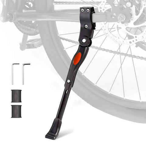 Adjustable Aluminum Bike Kickstand For 22 To 26 Inch Wheels, rear side stand installed on bike with tools and spacers