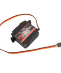 Heavy Duty Full Metal Gear RC Servo Motor Delivering Hella Badass Torque For Rugged Crawlers And Custom Robots Rock Solid Pro Level Drive System 14.5 KG Load Capacity angled view with wires visible.