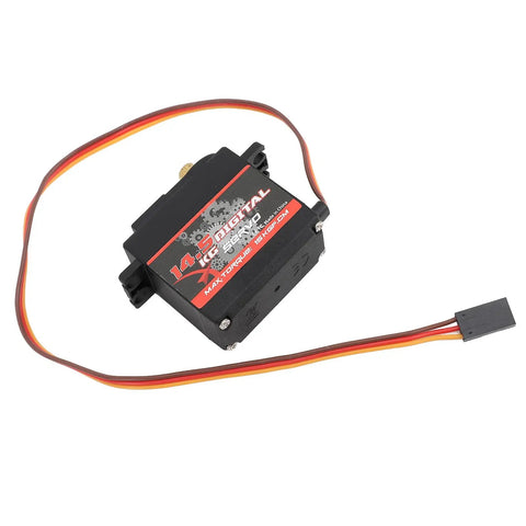 Heavy Duty Full Metal Gear RC Servo Motor Delivering Hella Badass Torque For Rugged Crawlers And Custom Robots Rock Solid Pro Level Drive System 14.5 KG Load Capacity angled view with wires visible.