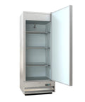 Rock Solid Heavy Duty 25 Inch Single Door Stainless Steel Commercial Freezer 11 Cubic Foot Reach In Unit With Digital Temp Control Auto Defrost open view with shelves