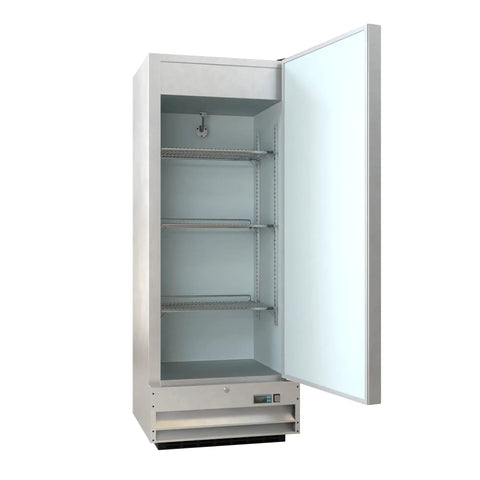 Rock Solid Heavy Duty 25 Inch Single Door Stainless Steel Commercial Freezer 11 Cubic Foot Reach In Unit With Digital Temp Control Auto Defrost open view with shelves