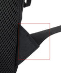 Close-up of ergonomic breathable mesh shoulder strap on DSLR Camera Backpack With Shockproof Shell, Grab-And-Go Lens And Tripod Compartment.
