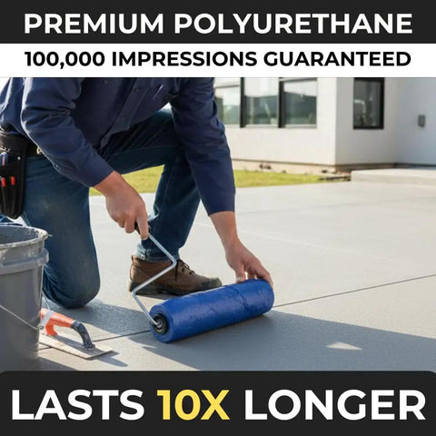 Man using a Durable Polyurethane Concrete Texture Roller For DIY And Pro Grade Projects 3 By 3 By 9 Inches Texturing Tool.