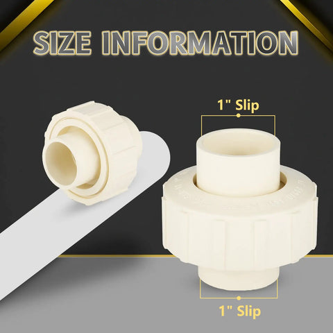 50 Pack CPVC Union Fittings 1 Inch By 1 Inch Slip Socket Pipe Connectors Featuring Slick Push Fit Design, size 1 inch shown.